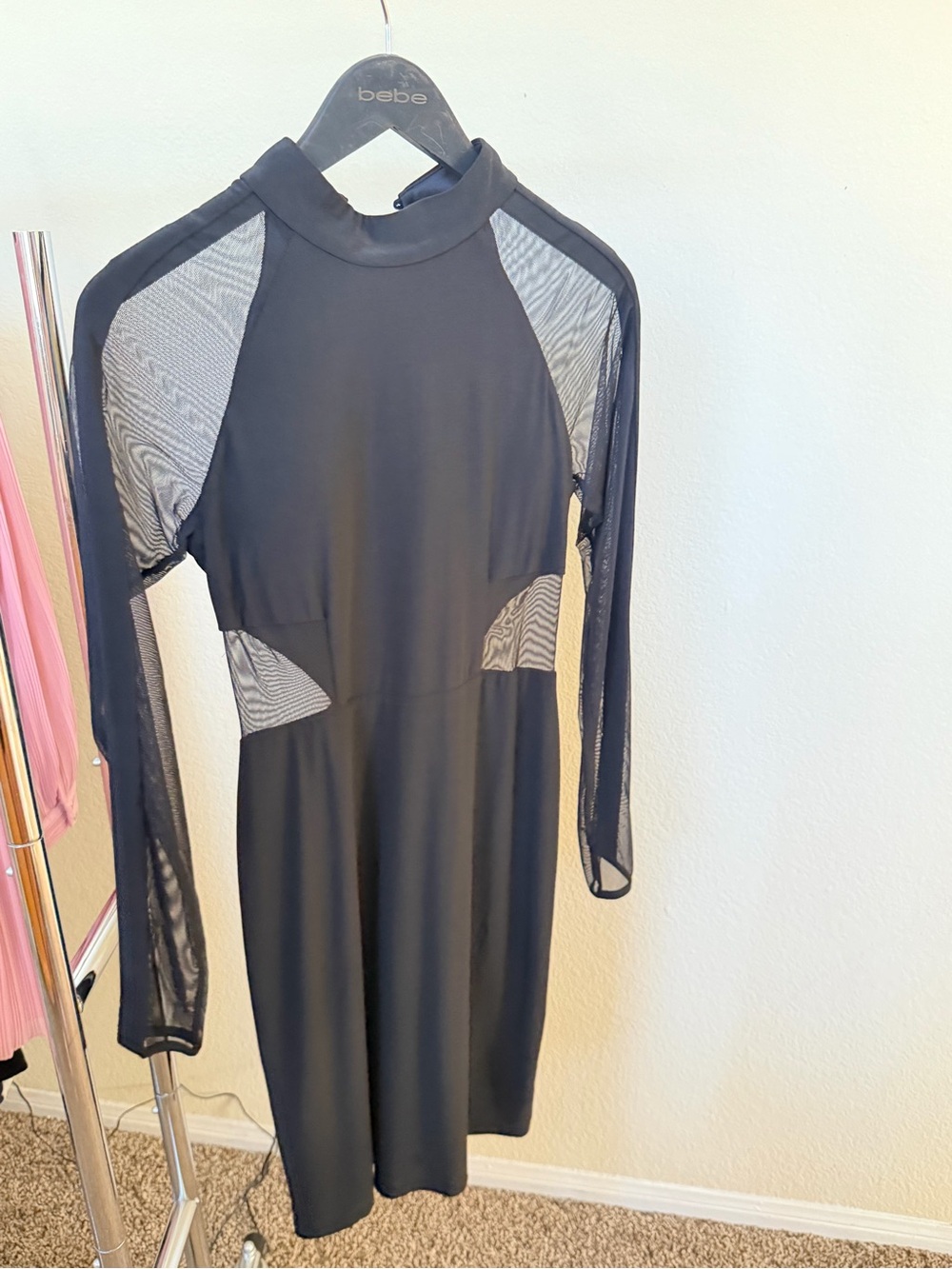 bebe Black Long-Sleeve Mesh-Panel Midi Dress